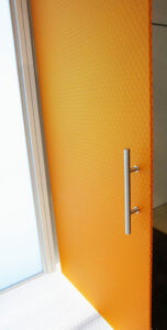 Moxie Surfaces - hinged door with handle bar clear PEP satin orange
