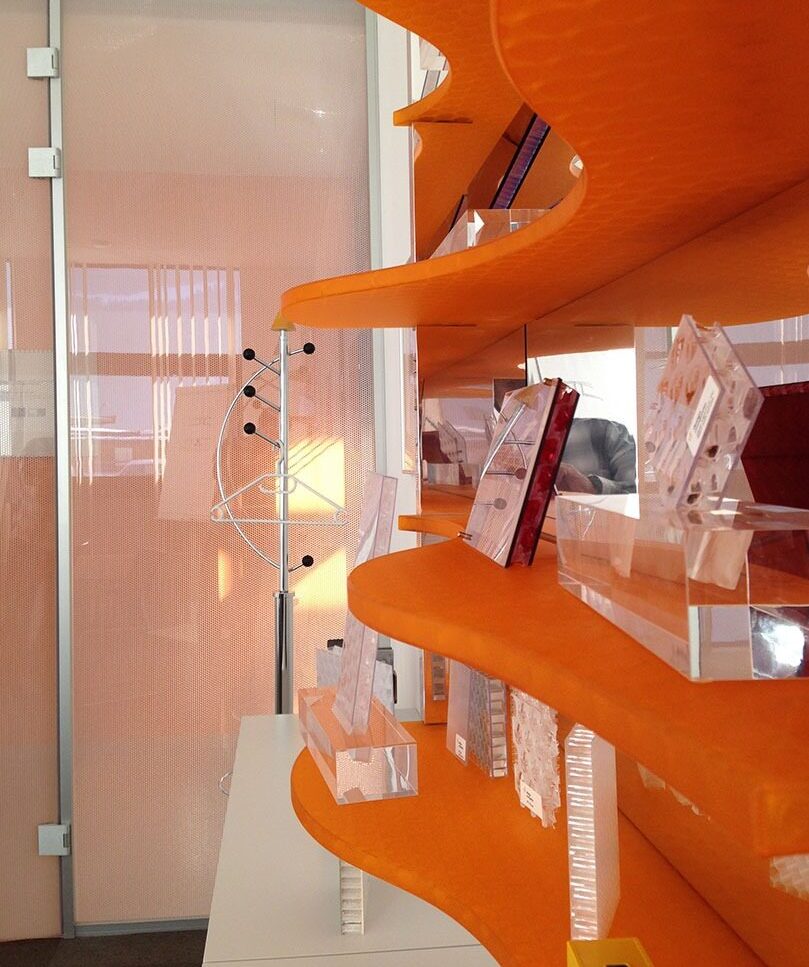 MoxieSurfaces - clear-PEP UV PC satin orange bespoke shelves