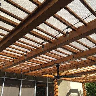 Patio built with clear-PEP satin translucent honeycomb panels - modern aesthetics with robust functionality Patio built with clear-PEP satin translucent honeycomb panels - modern aesthetics with robust functionality