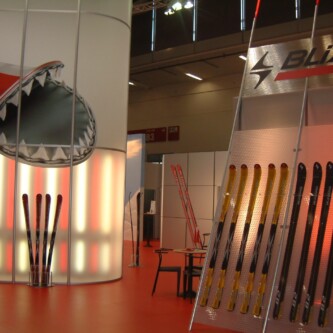 clear-PEP satin display stand and backlit separator wall at Blizzard ski shop clear-PEP satin display stand and backlit separator wall at Blizzard ski shop