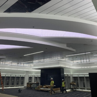 clear-PEP ECO PC stage - backlit ceiling illuminator in shopping mall Moxie Surfaces - clear-PEP ECO PC stage - backlit ceiling illuminator in shopping mall