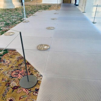 clear-PEP ECO PC stage panels protecting the world’s largest carpet at Sheikh Zayed Grand Mosque MoxieSurfaces - clear-PEP ECO PC stage at Sheikh Zayed Grand Mosque