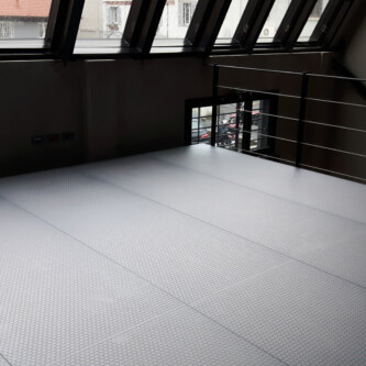 Durable and translucent clear-PEP ECO PC stage panels for mezzanine flooring MoxieSurfaces - clear-PEP ECO PC stage - translucent ceiling and floor for mezzanine